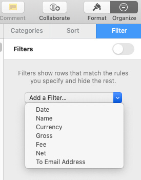 apple numbers filter to search