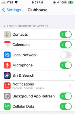 clubhouse app in iphone settings 2