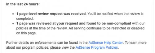 google adsense policy violation review for nonexistent deleted page denied declined